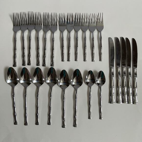 EXF8 by Excel Stainless, Korea, Glossy, Bamboo Handle silverware 25pc set MCM - Picture 1 of 16